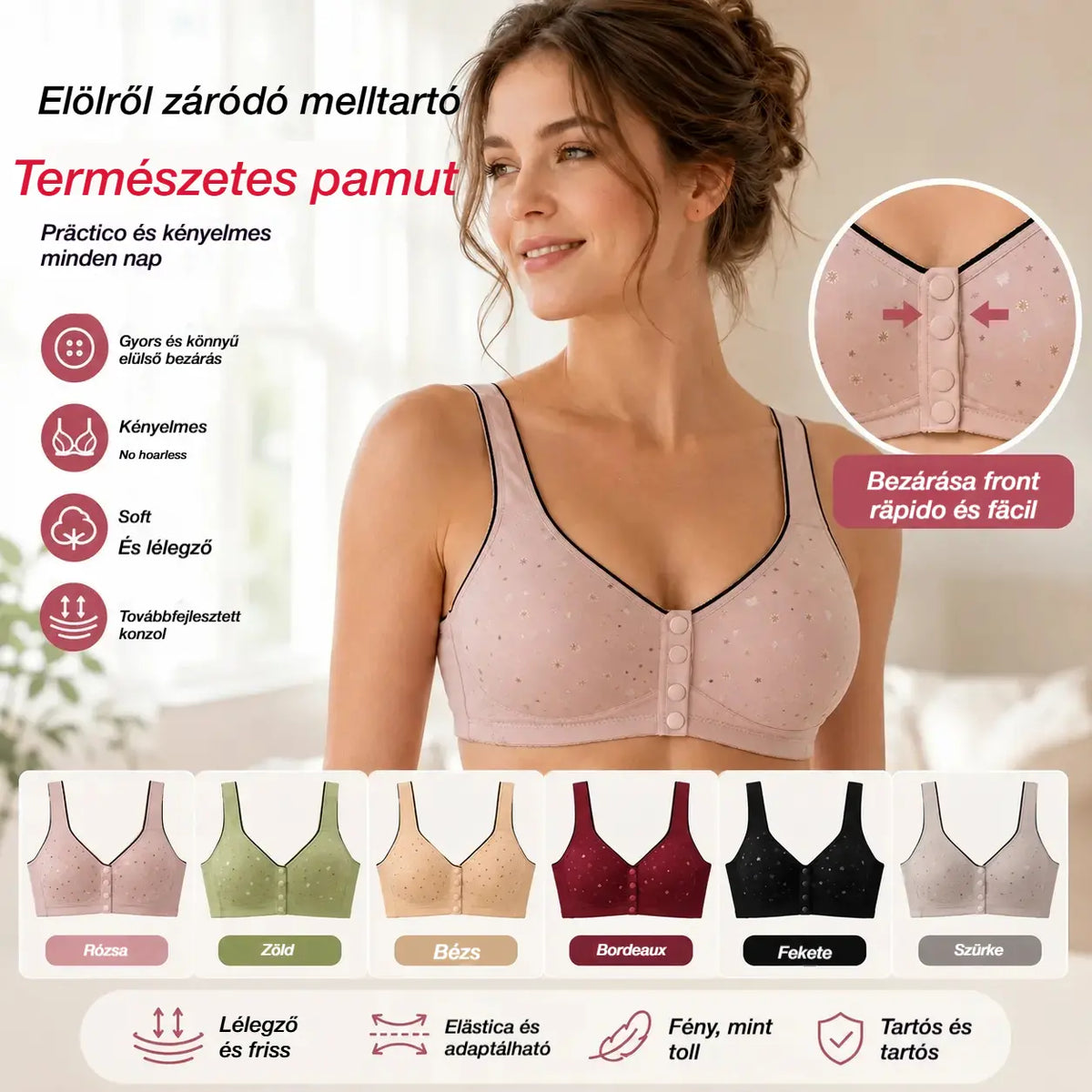 【50% kedvezmény!】😍【3 darabos csomag】Női merevítő nélküli melltartó elöl gombokkal 【40-120 kg】❤️Kényelmes antibakteriális természetes pamut