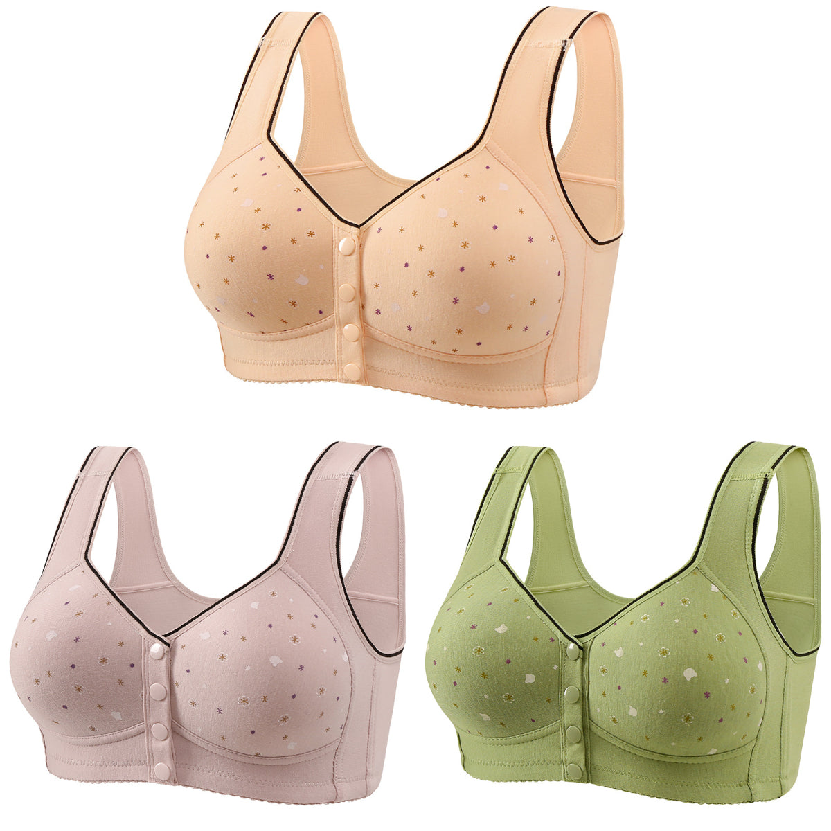 【50% kedvezmény!】😍【3 darabos csomag】Női merevítő nélküli melltartó elöl gombokkal 【40-120 kg】❤️Kényelmes antibakteriális természetes pamut